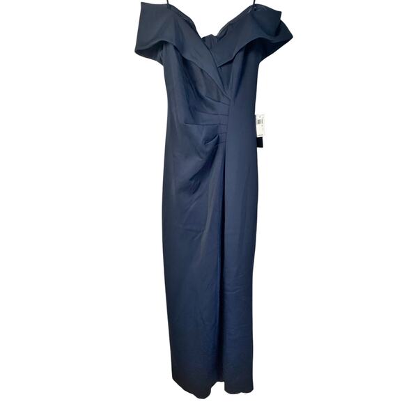 Xscape Women's Off-the-Shoulder Scuba Ruched Gown Navy Blue Size 6 NWT - Picture 5 of 12